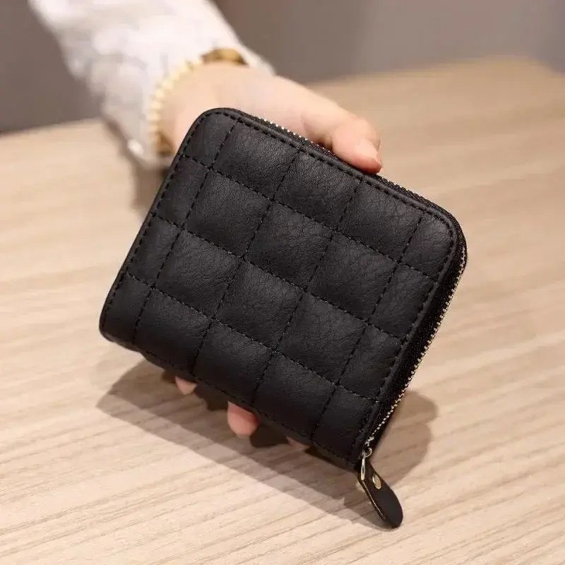 PU Leather Women Short Wallets Female Plaid Purses Solid Color Card Holder Wallet Student Small Zipper Woman Wallet Coin Purse
