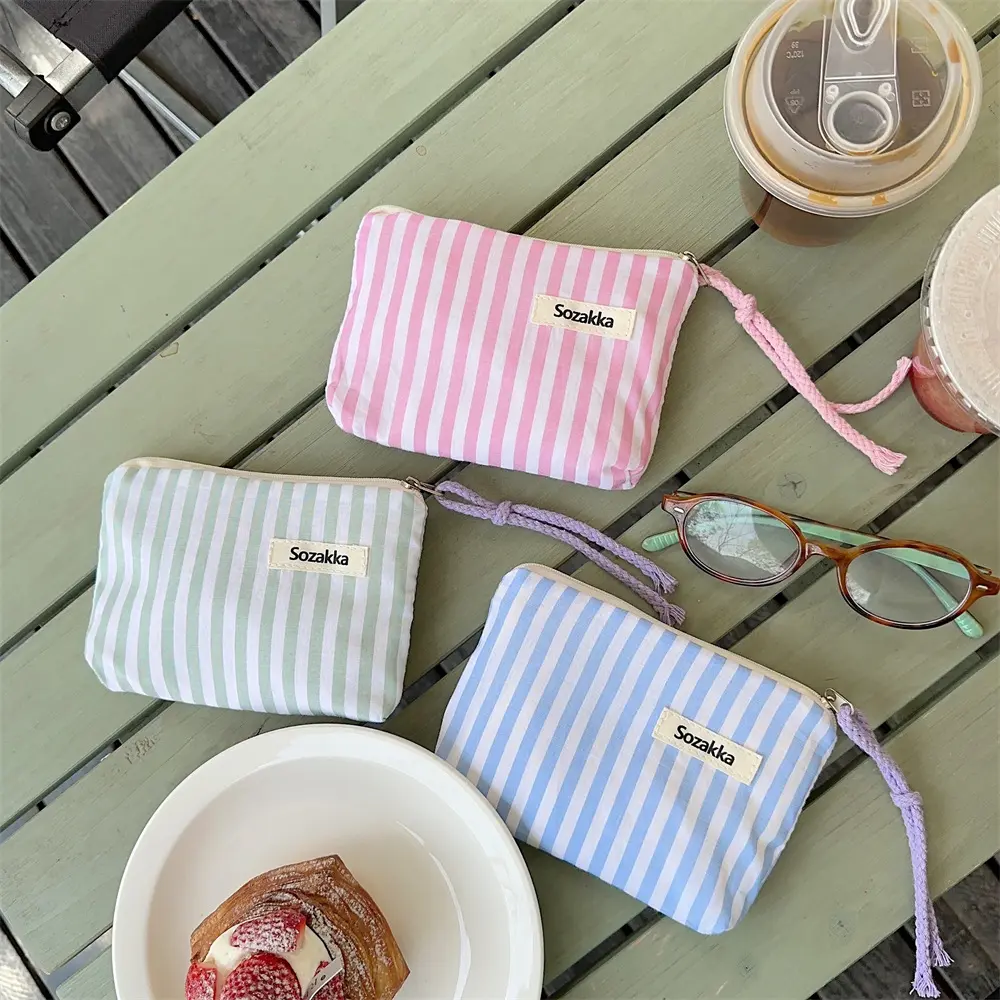 Mini Cosmetic Make Up Bag Cute Striped Canvas Organizer for Women Lipstick Purse Coin Pouch Case