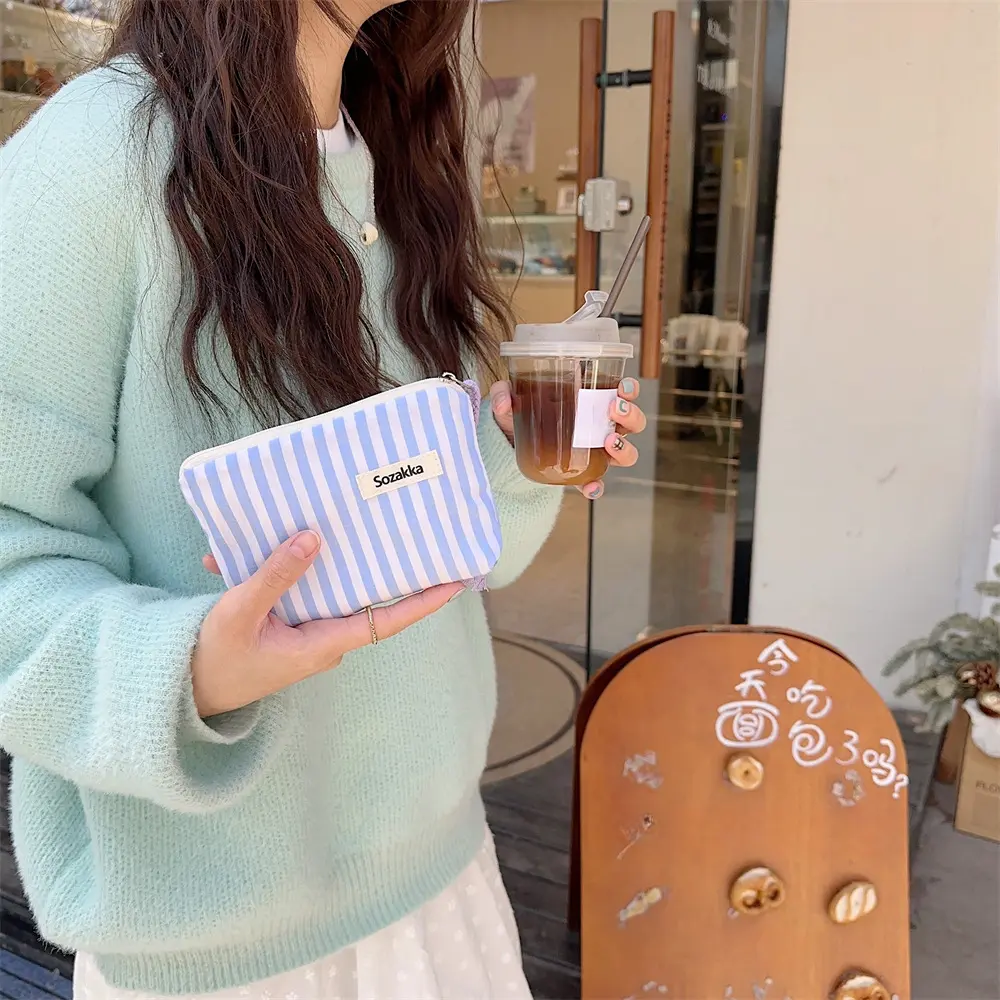 Mini Cosmetic Make Up Bag Cute Striped Canvas Organizer for Women Lipstick Purse Coin Pouch Case