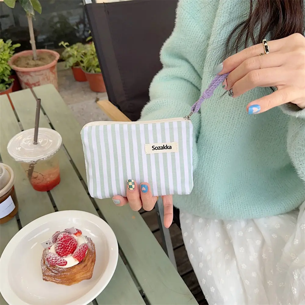 Mini Cosmetic Make Up Bag Cute Striped Canvas Organizer for Women Lipstick Purse Coin Pouch Case