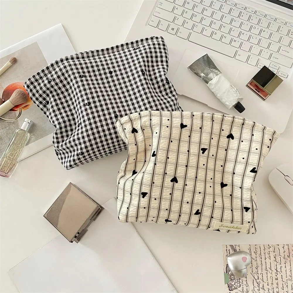 Plaid Striped Cosmetic Bag Large Capacity Travel Toiletry Bag Women Makeup Storage Organizer