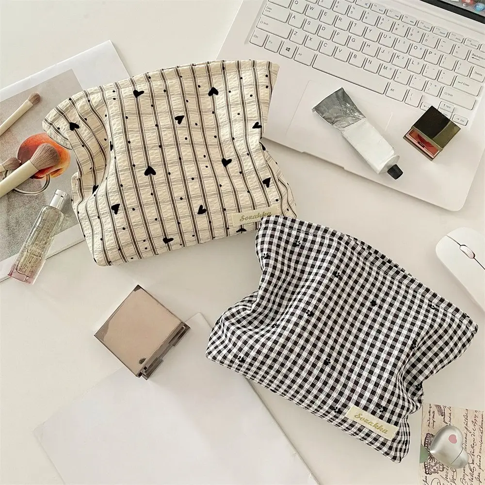 Plaid Striped Cosmetic Bag Large Capacity Travel Toiletry Bag Women Makeup Storage Organizer