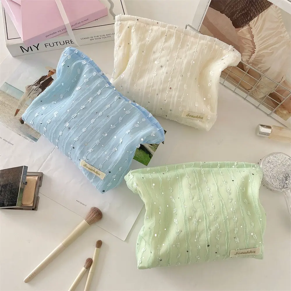Lace Striped Paillette Cosmetic Bag Portable Travel Toiletry Bag Washing Cosmetic Organizer Makeup Storage Bag