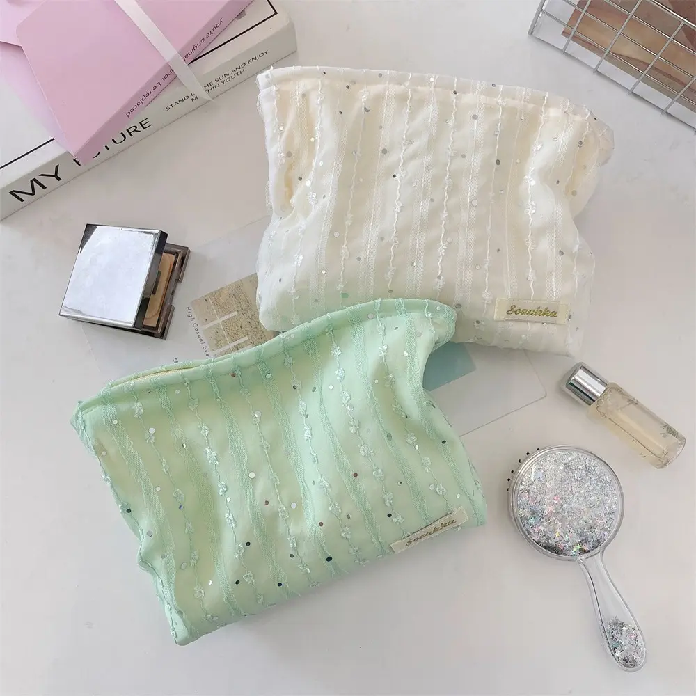 Lace Striped Paillette Cosmetic Bag Portable Travel Toiletry Bag Washing Cosmetic Organizer Makeup Storage Bag