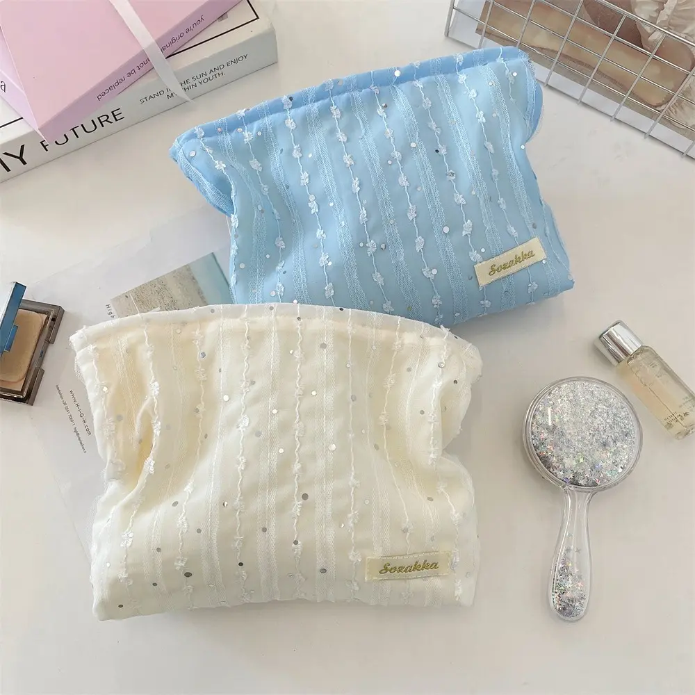 Lace Striped Paillette Cosmetic Bag Portable Travel Toiletry Bag Washing Cosmetic Organizer Makeup Storage Bag