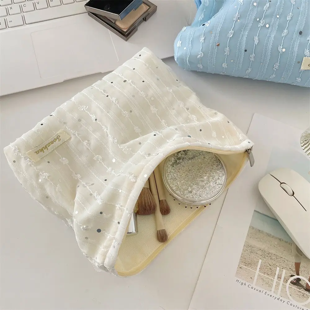 Lace Striped Paillette Cosmetic Bag Portable Travel Toiletry Bag Washing Cosmetic Organizer Makeup Storage Bag