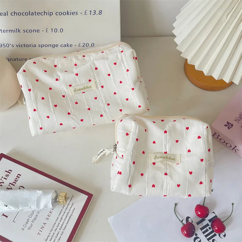 Cute Striped Heart Canvas Makeup Bag Women Cosmetic Organizer Portable Toiletry Case for Girls