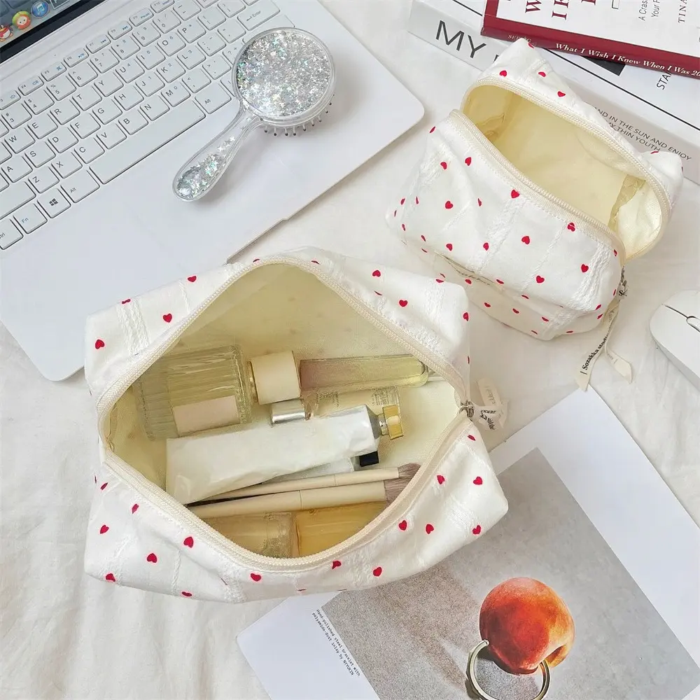 Cute Striped Heart Canvas Makeup Bag Women Cosmetic Organizer Portable Toiletry Case for Girls