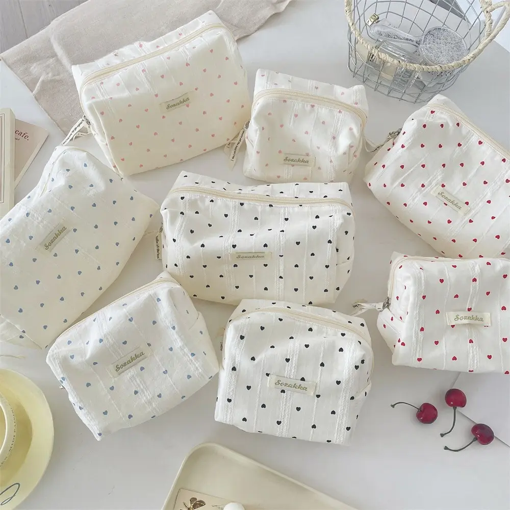 Cute Striped Heart Canvas Makeup Bag Women Cosmetic Organizer Portable Toiletry Case for Girls