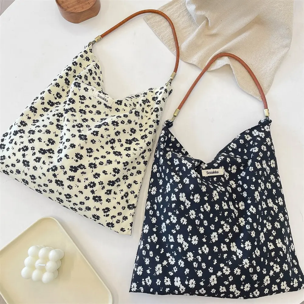 High Quality Reusable Shopping Shoulder Bag Korean Retro Floral Patterns Women Handbag Totes Female Portable Handbags Purse