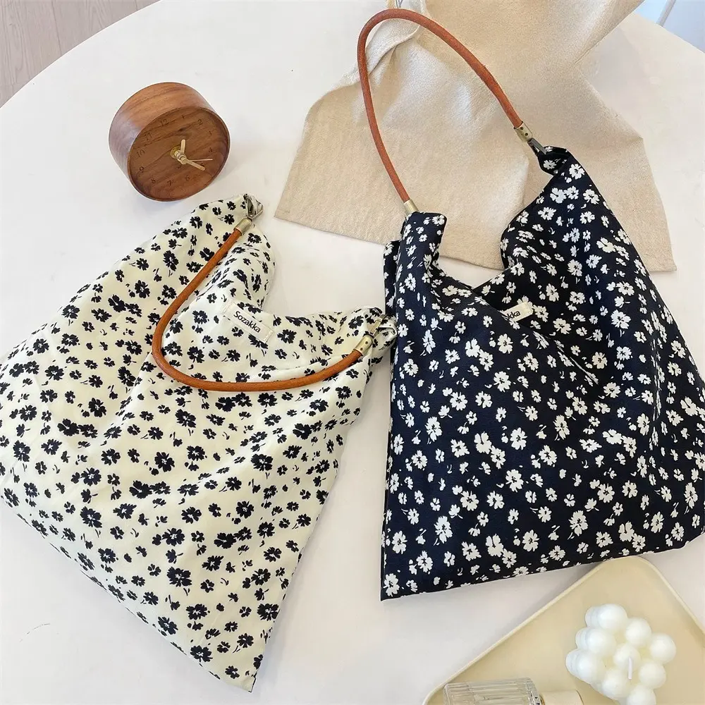 High Quality Reusable Shopping Shoulder Bag Korean Retro Floral Patterns Women Handbag Totes Female Portable Handbags Purse