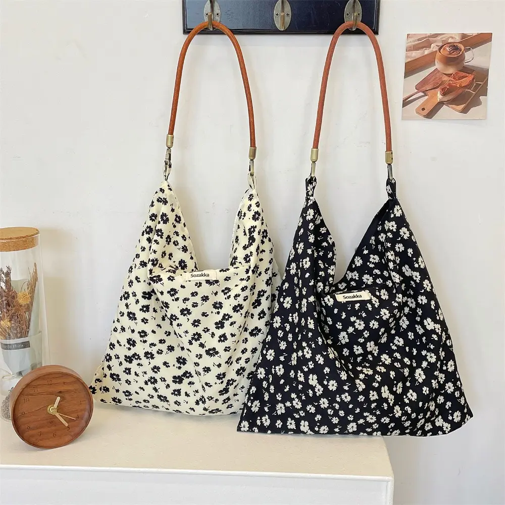 High Quality Reusable Shopping Shoulder Bag Korean Retro Floral Patterns Women Handbag Totes Female Portable Handbags Purse