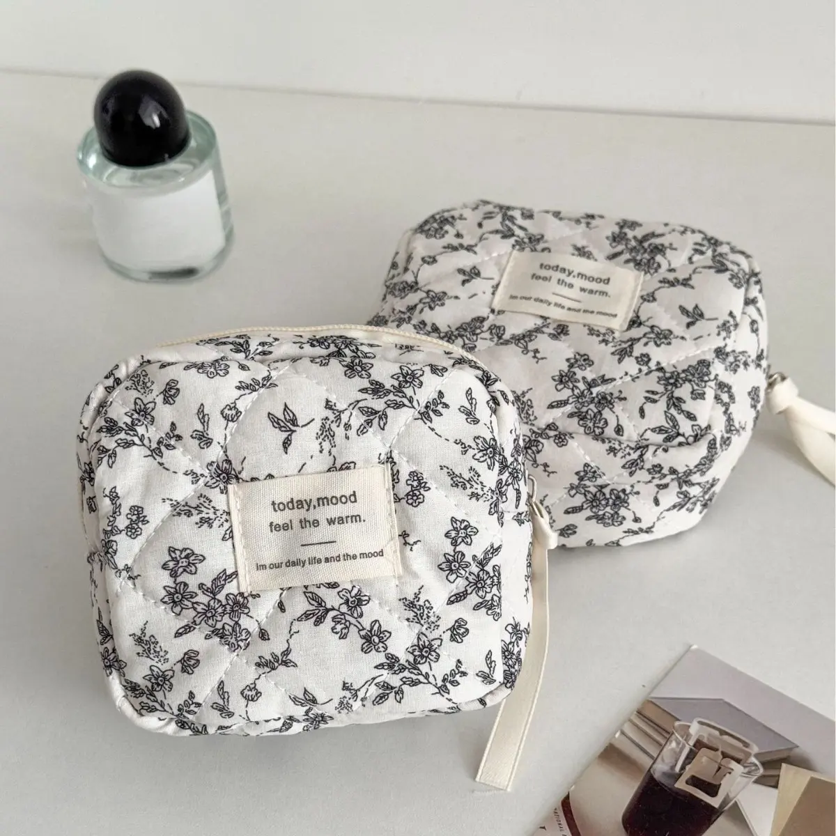 Black Flower Square Cosmetic Bag Women Portable Earphones Lipstick Sanitary Napkins Storage Pouch Small Makeup Zipper Bags