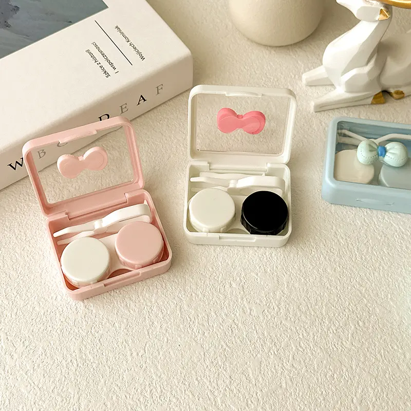 Candy Color Contact Lenses Box Cute Bow Portable Contact Lens Case with Tweezer Suction Stick Set for Travel Kit Holder