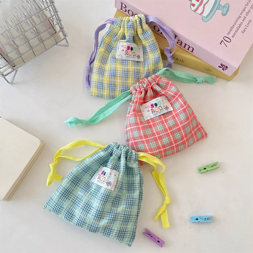 New Plaid Drawstring Bag Women Cosmetics Lipstick Storage Pouch Cute Makeup Bag Christmas Gift Travel Cosmetic Organizer Bags