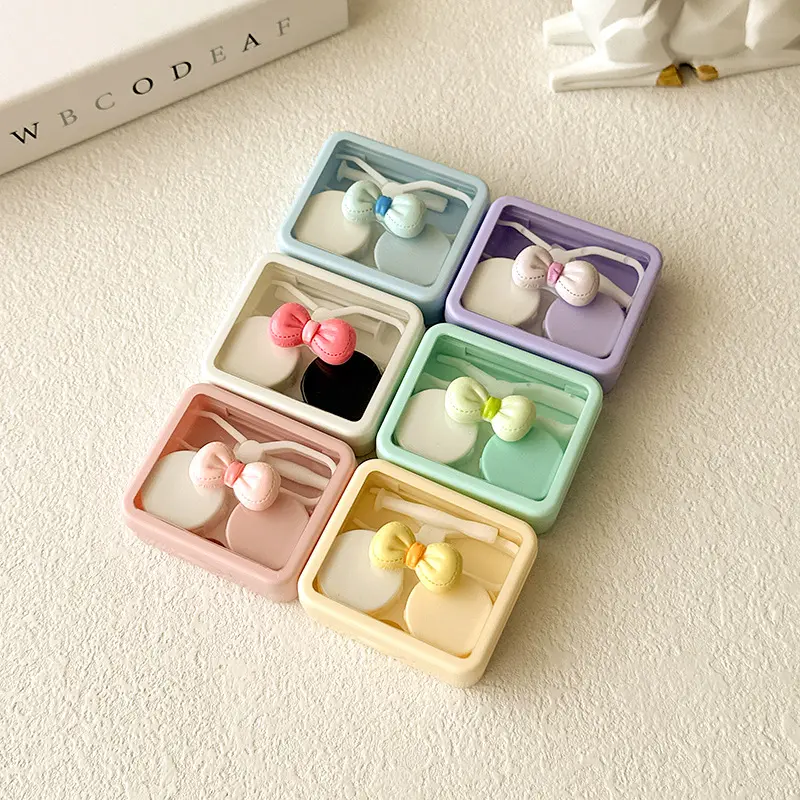Candy Color Contact Lenses Box Cute Bow Portable Contact Lens Case with Tweezer Suction Stick Set for Travel Kit Holder