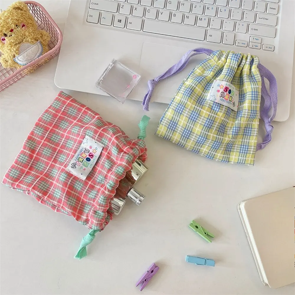 New Plaid Drawstring Bag Women Cosmetics Lipstick Storage Pouch Cute Makeup Bag Christmas Gift Travel Cosmetic Organizer Bags