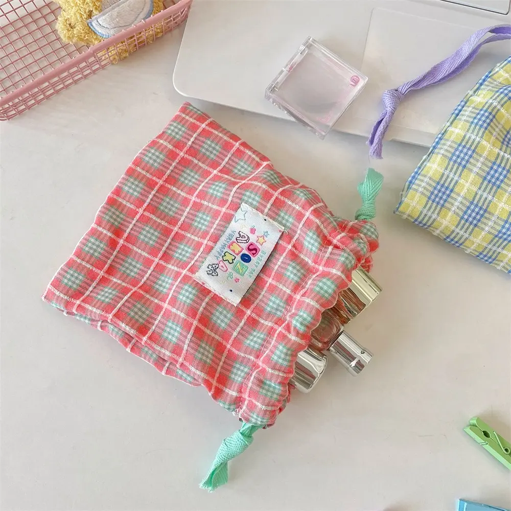 New Plaid Drawstring Bag Women Cosmetics Lipstick Storage Pouch Cute Makeup Bag Christmas Gift Travel Cosmetic Organizer Bags