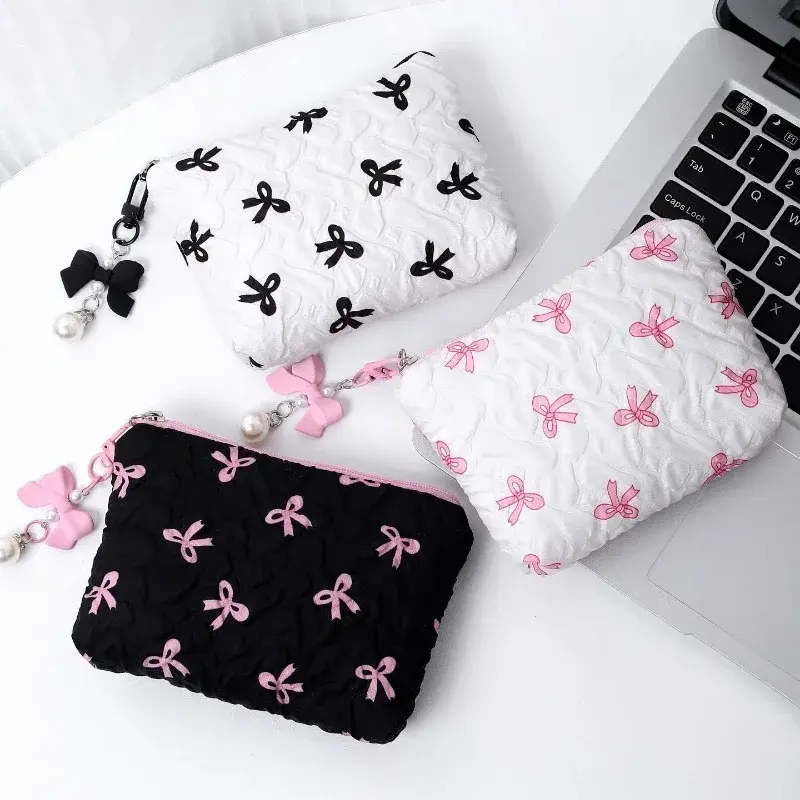 Small Cosmetic Bag Mini Makeup Bag Pink Black Print Bow Women's Portable Lipstick Card Coin Case Sanitary Napkin Storage Bag