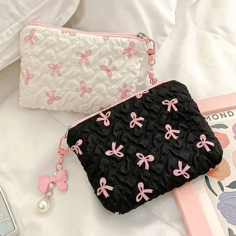 Small Cosmetic Bag Mini Makeup Bag Pink Black Print Bow Women's Portable Lipstick Card Coin Case Sanitary Napkin Storage Bag