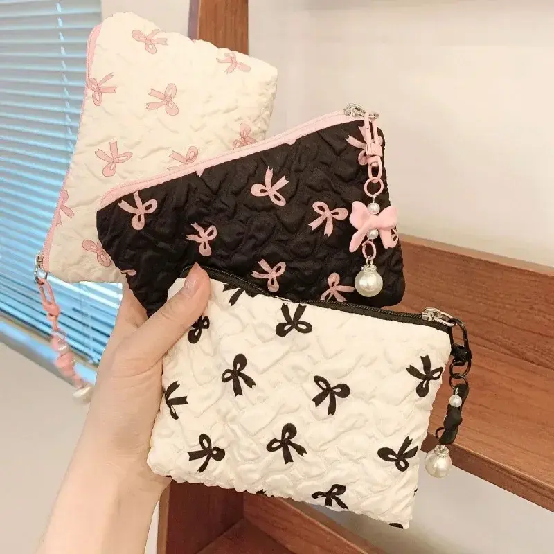 Small Cosmetic Bag Mini Makeup Bag Pink Black Print Bow Women's Portable Lipstick Card Coin Case Sanitary Napkin Storage Bag