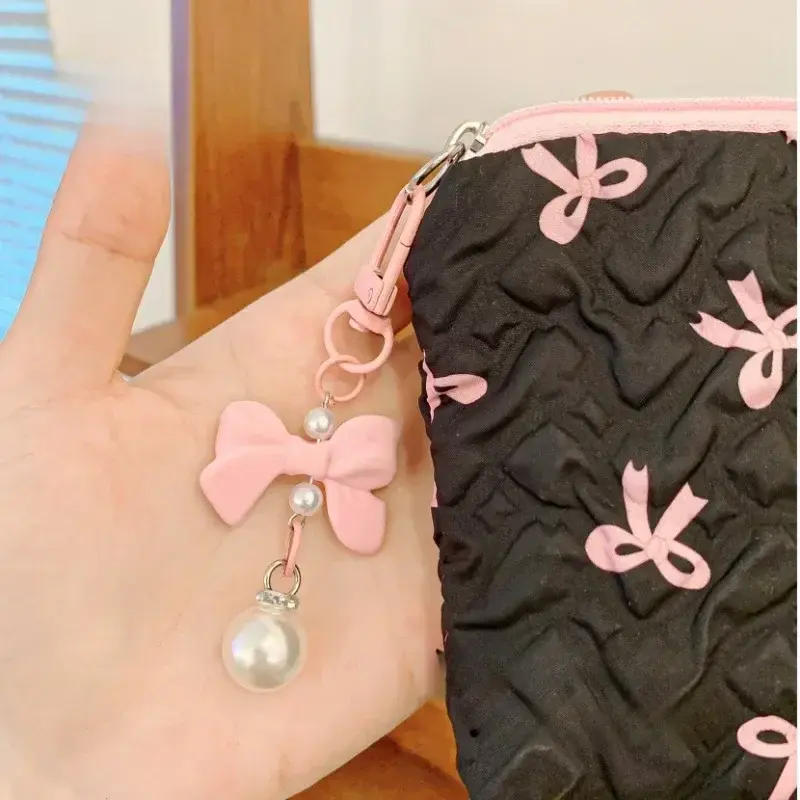 Small Cosmetic Bag Mini Makeup Bag Pink Black Print Bow Women's Portable Lipstick Card Coin Case Sanitary Napkin Storage Bag