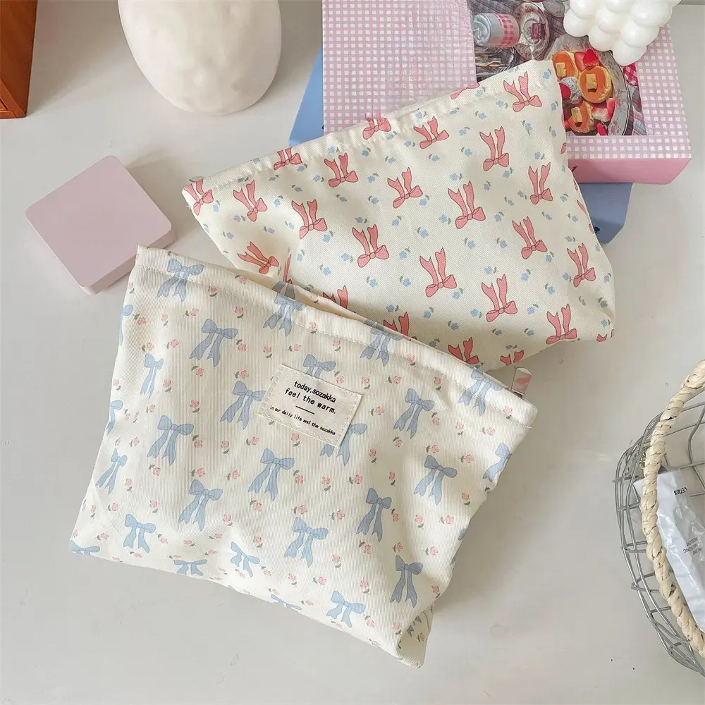 Cute Bow Canvas Makeup Bag Women Zipper Cosmetic Organizer Female Large capacity Portable Toiletry Case for Girls
