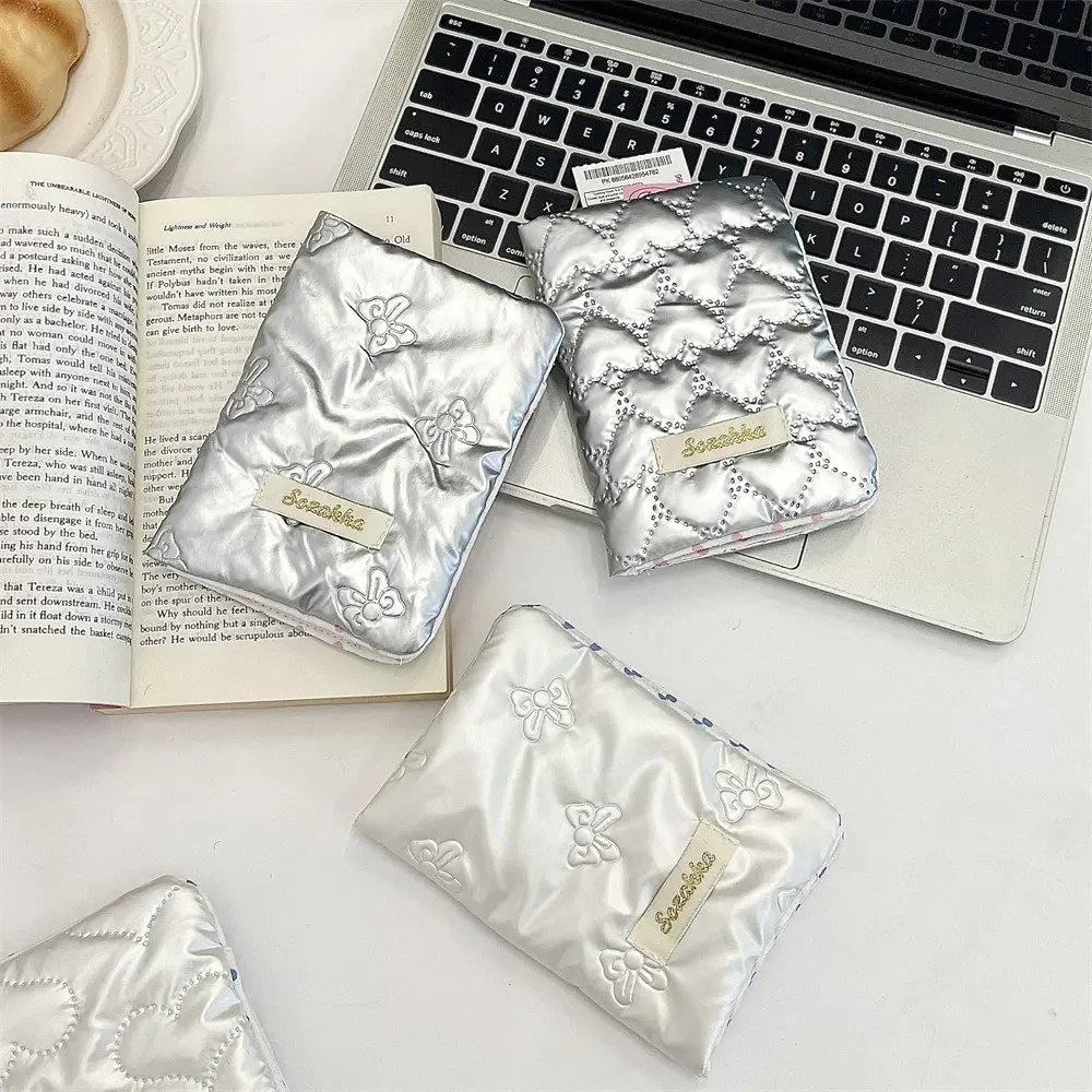 Korean Pink Silver Passport Cover PU Multi-function Women Men Waterproof Passport Bag Cute Bow Pattern Card Holder Wallet