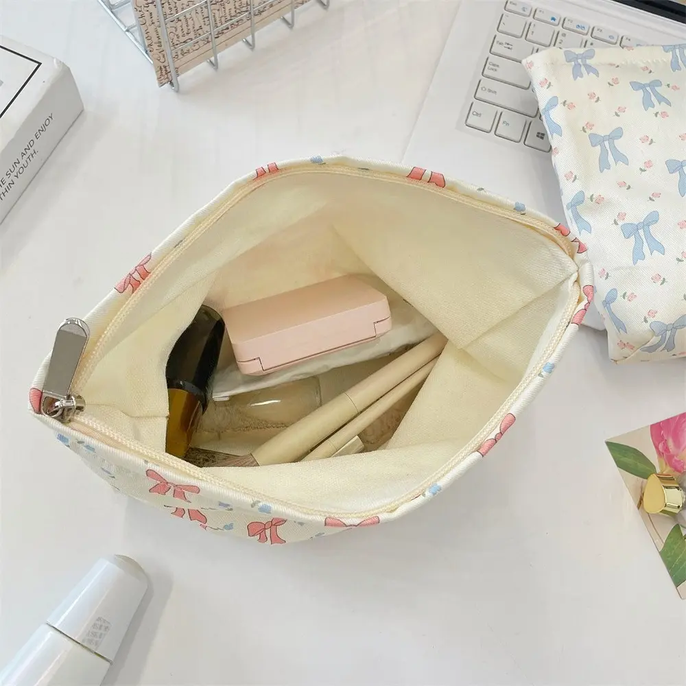 Cute Bow Canvas Makeup Bag Women Zipper Cosmetic Organizer Female Large capacity Portable Toiletry Case for Girls