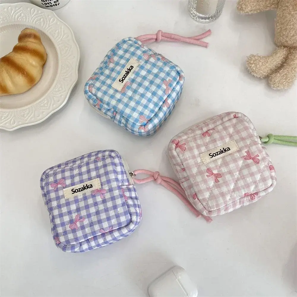 Mini Cute Plaid Square Cosmetic Bag Women Portable Lipstick Sanitary Napkins Storage Pouch Small Makeup Zipper Bags