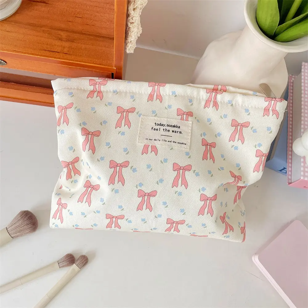 Cute Bow Canvas Makeup Bag Women Zipper Cosmetic Organizer Female Large capacity Portable Toiletry Case for Girls