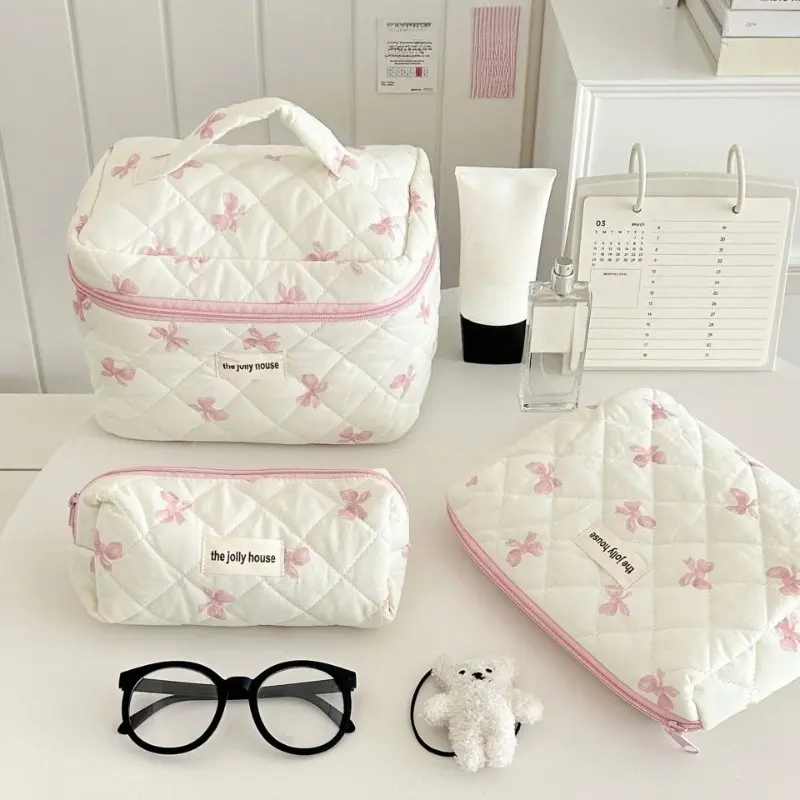 Cute Bow Cotton Makeup Bag Women Cosmetic Organizer Zipper Portable Toiletry Case for Girls Box Shape Handbag