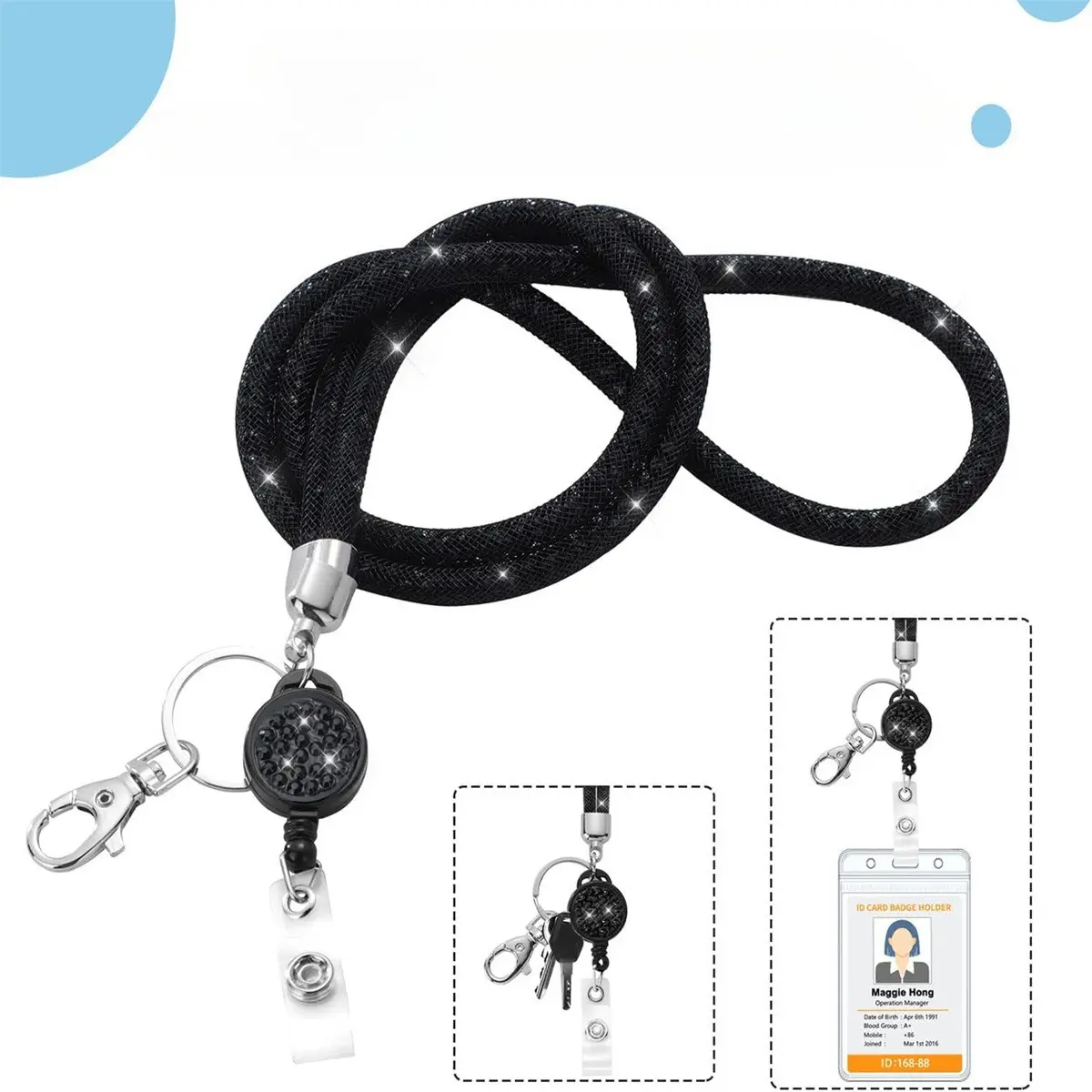 ID Badge Holder with Lanyard Retractable Reel reel Set Black Card Holder Bank ID Holders Student Bus Card Cover for Women Men