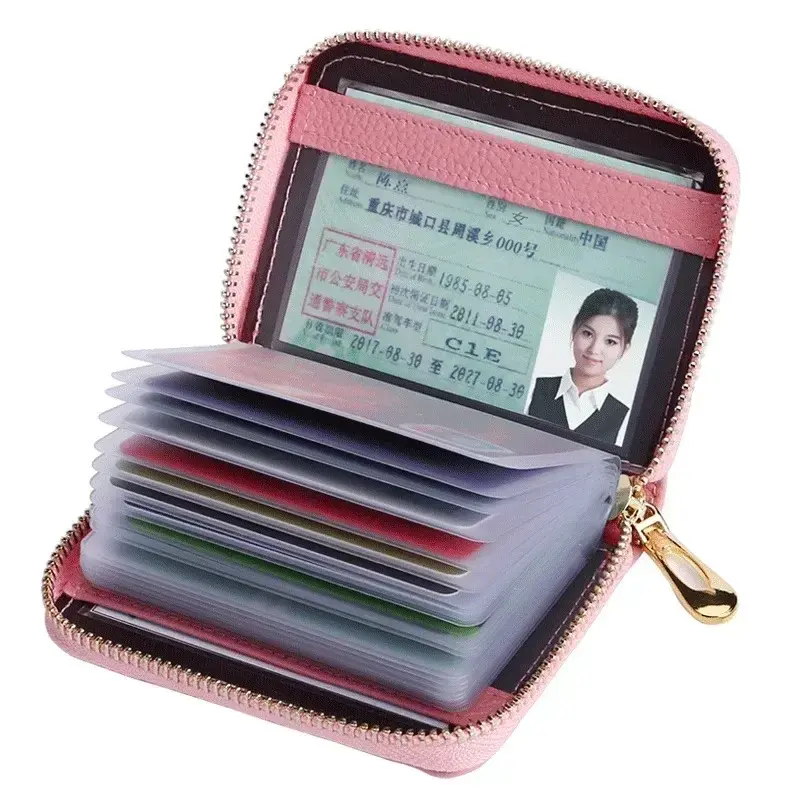 Multi Slot Card Holder Vintage Small Wallet Women Men Business Bank Credit Card Bag Male Coin Pouch Solid Leather Zipper Wallet