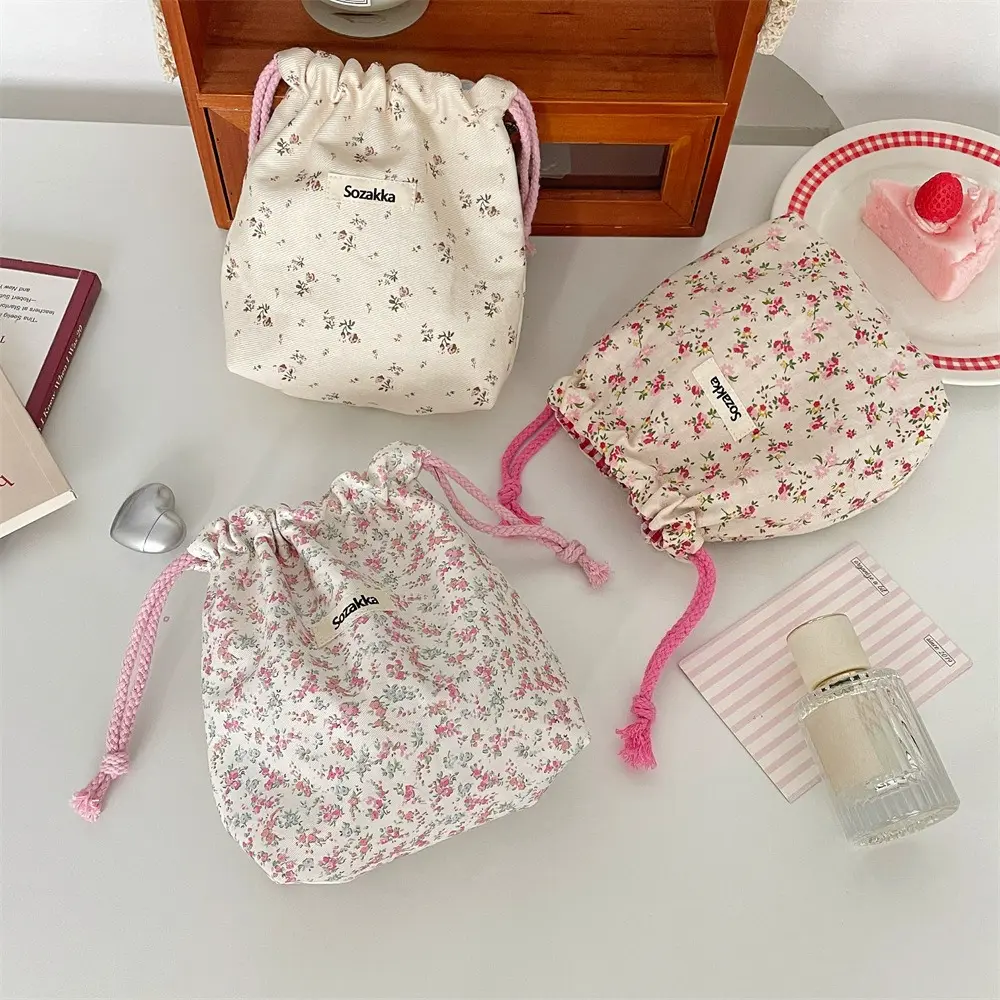 Cute flower Small Lipstick Cosmetic Coin Purse Key Drawstring Storage Bag Women Jewelry Tote Rope Pouch String Bags Organizer