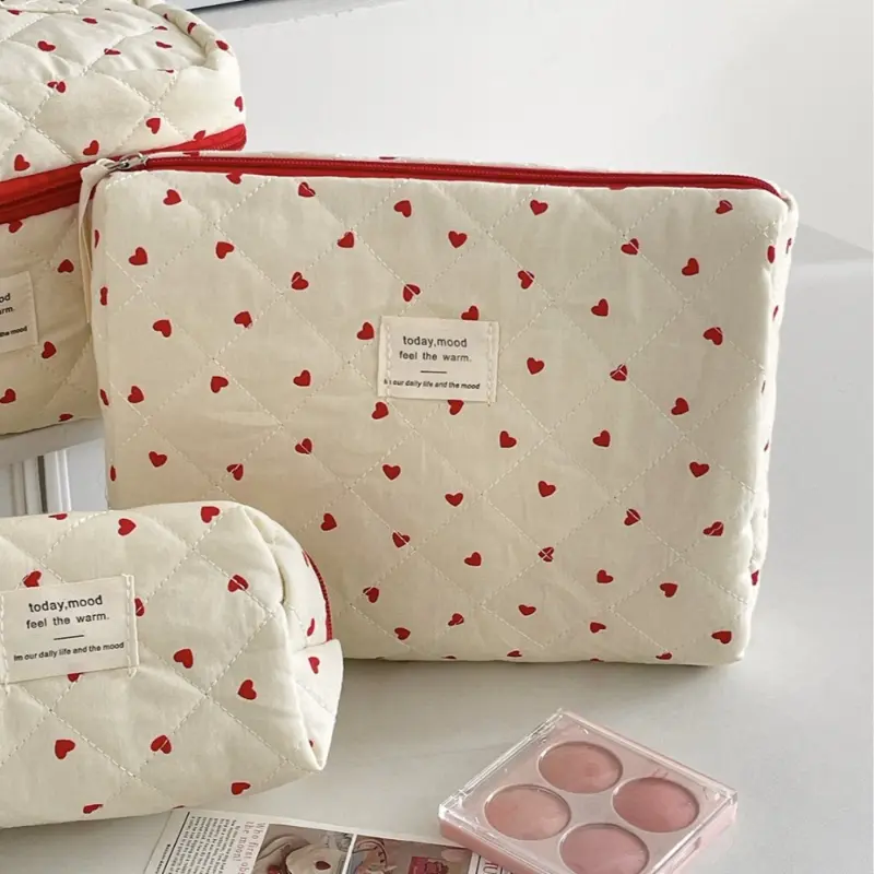 Cute Corduroy Heart Cosmetic Bags for Women Large Capacity Makeup Bag Travel Organizer