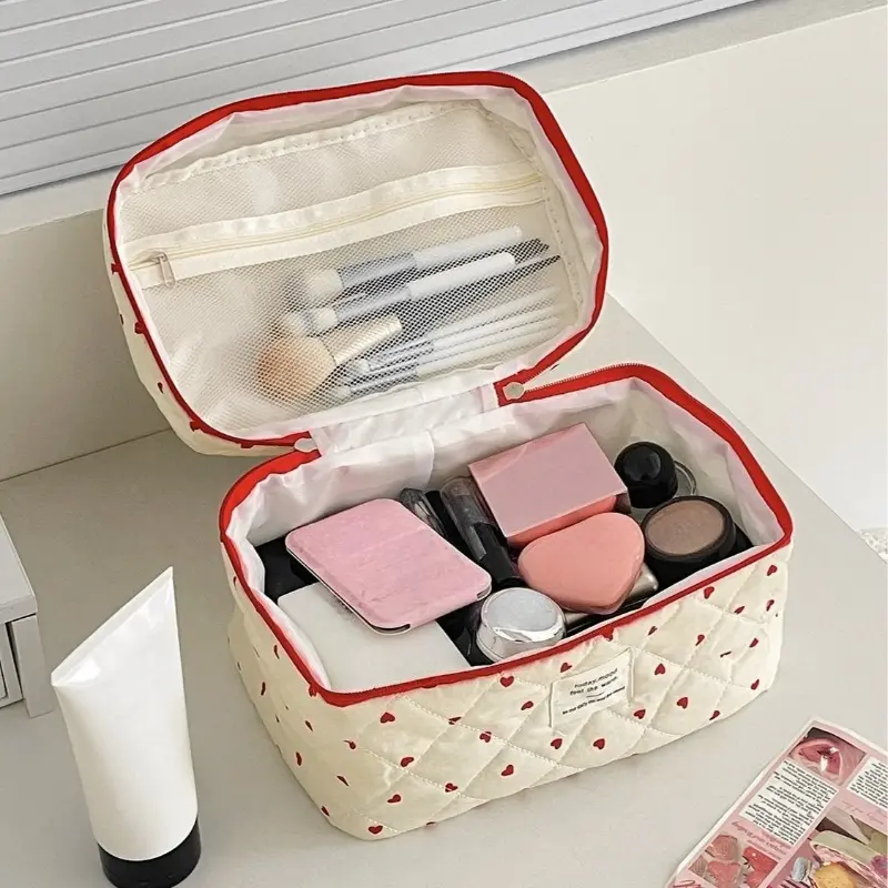 Cute Corduroy Heart Cosmetic Bags for Women Large Capacity Makeup Bag Travel Organizer