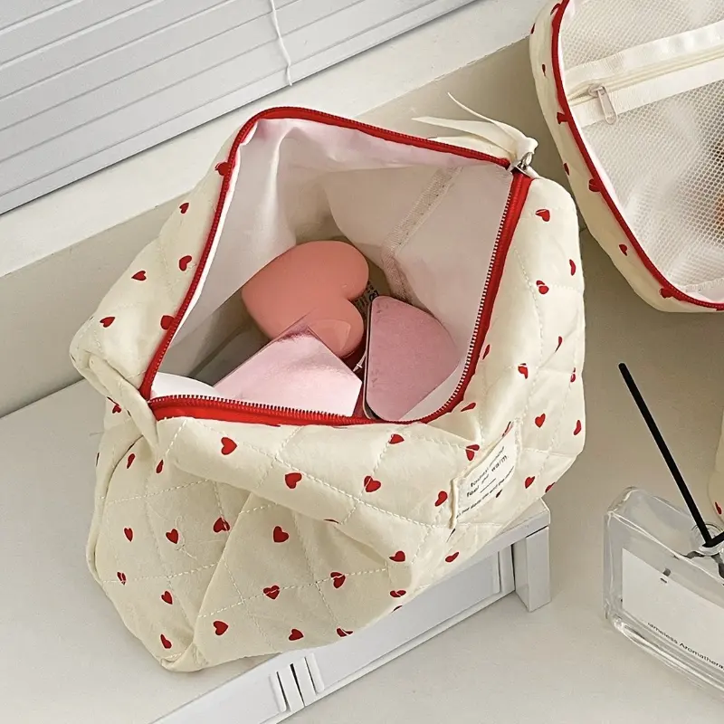 Cute Corduroy Heart Cosmetic Bags for Women Large Capacity Makeup Bag Travel Organizer