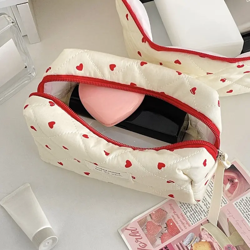 Cute Corduroy Heart Cosmetic Bags for Women Large Capacity Makeup Bag Travel Organizer