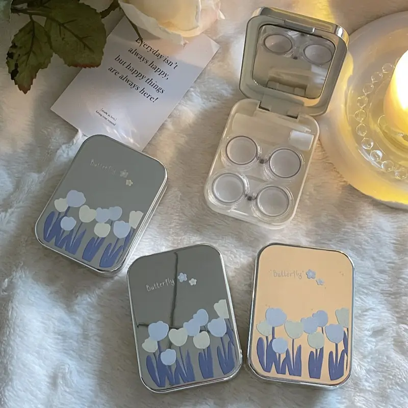 Fashion Silver Floral Contact Lens Case Women Cosmetic Lens Container Portable Travel Set Beauty Pupil Lens Storage Case
