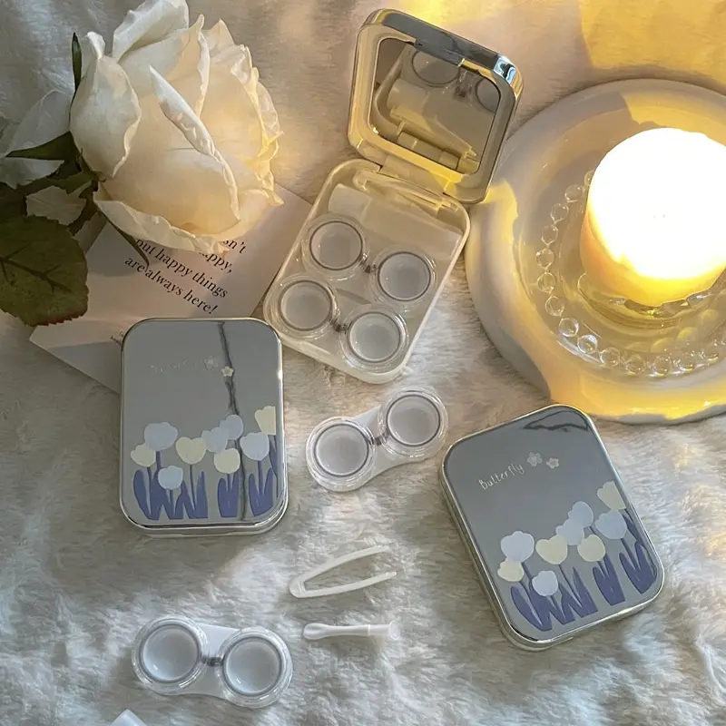 Fashion Silver Floral Contact Lens Case Women Cosmetic Lens Container Portable Travel Set Beauty Pupil Lens Storage Case