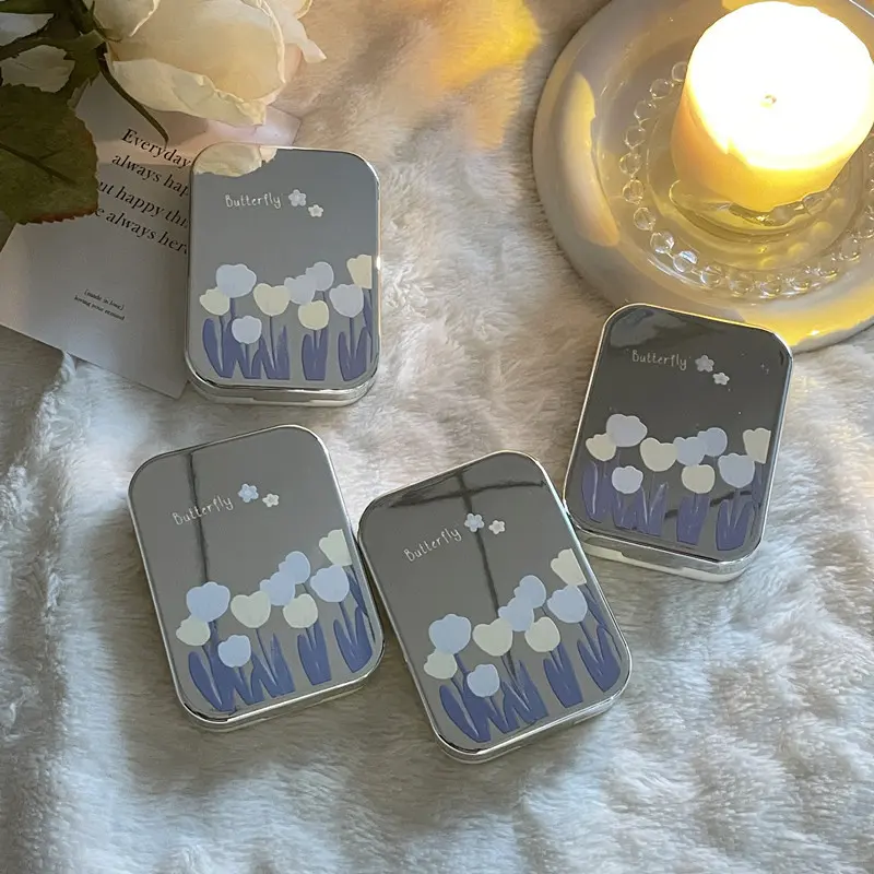 Fashion Silver Floral Contact Lens Case Women Cosmetic Lens Container Portable Travel Set Beauty Pupil Lens Storage Case