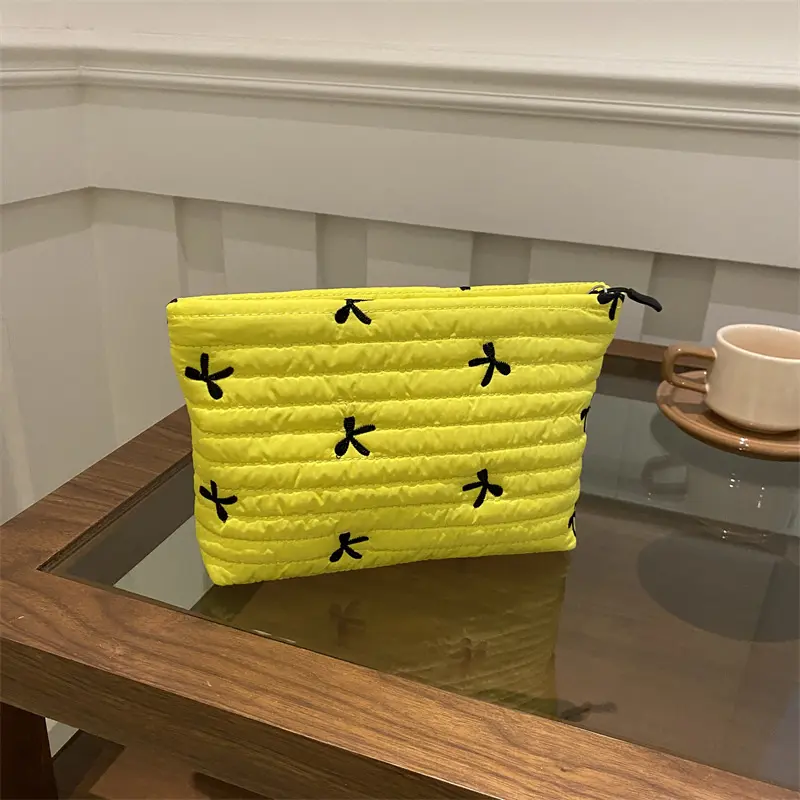 Cute Makeup Bag with Zipper Large Capacity Cosmetic Bag Embroidery Bow Wash Storage Bag