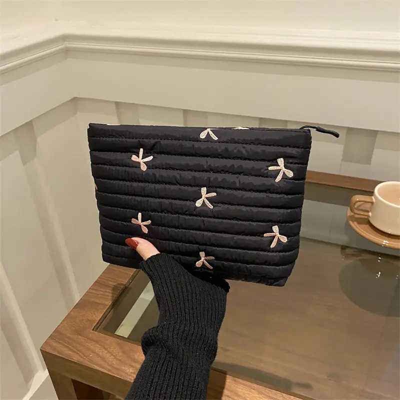Cute Makeup Bag with Zipper Large Capacity Cosmetic Bag Embroidery Bow Wash Storage Bag
