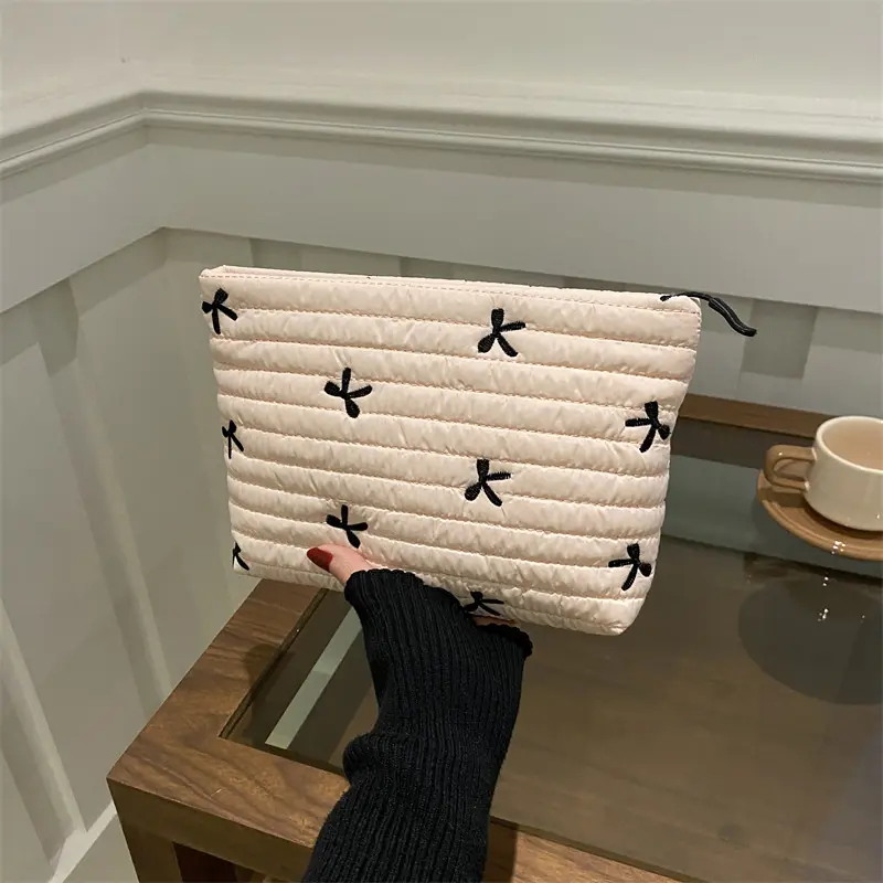 Cute Makeup Bag with Zipper Large Capacity Cosmetic Bag Embroidery Bow Wash Storage Bag