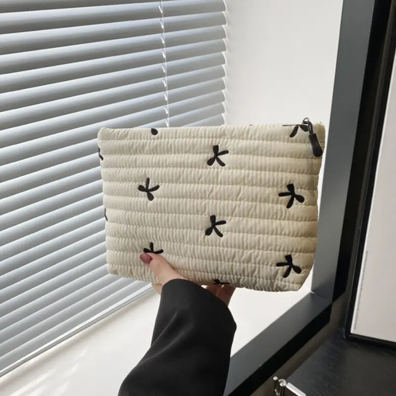 Cute Makeup Bag with Zipper Large Capacity Cosmetic Bag Embroidery Bow Wash Storage Bag