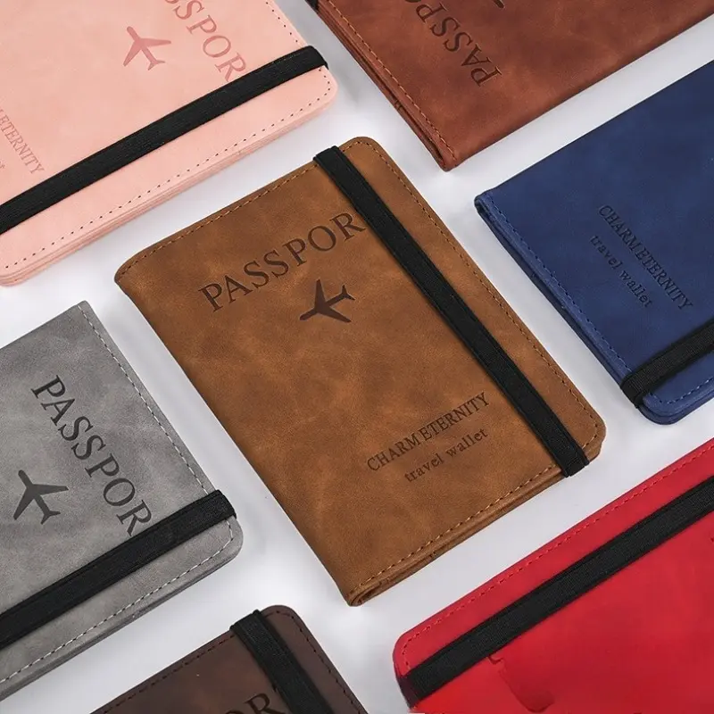 Leather Passport Cover with Elastic Band Travel Wallet Holder for Men Women Document Organizer