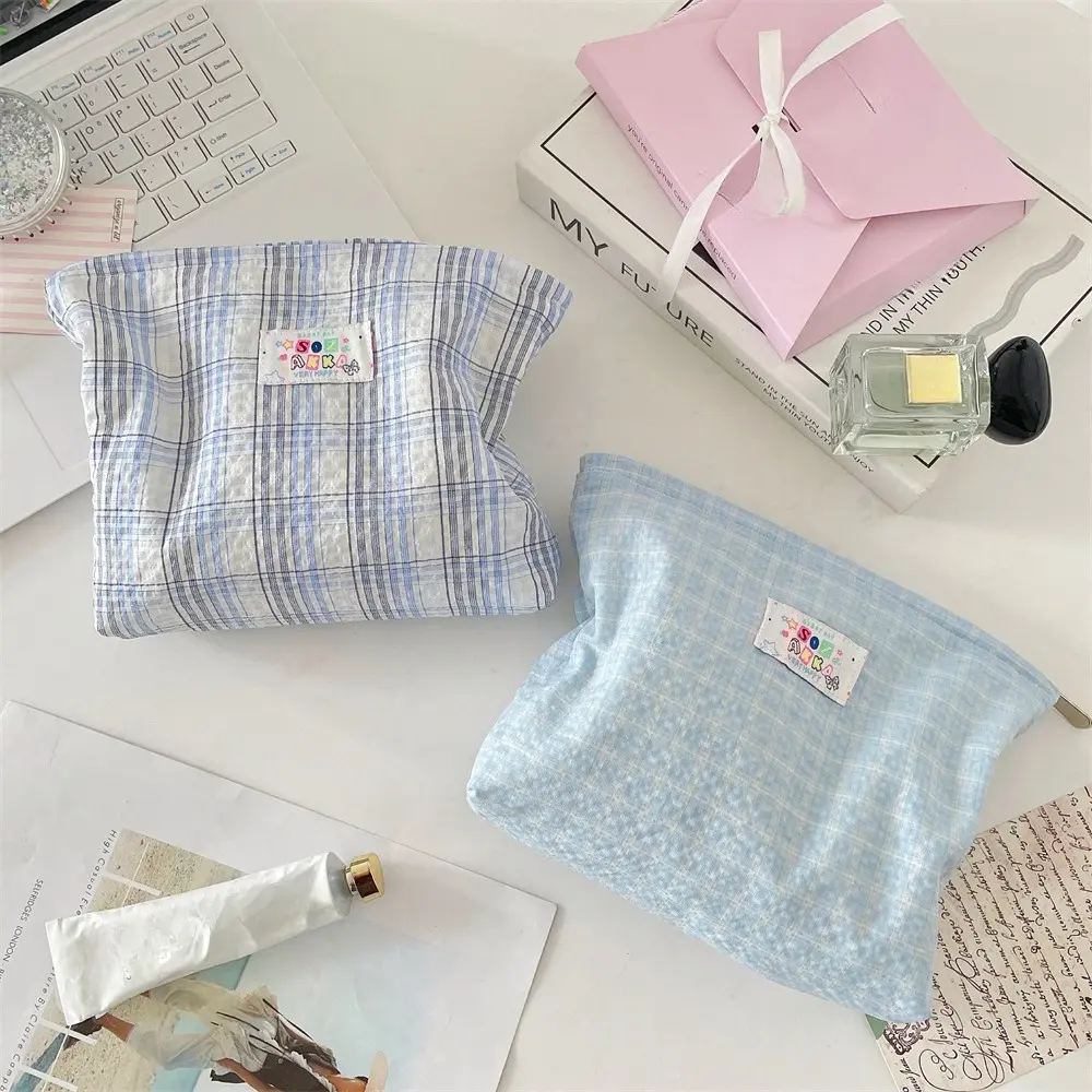 Fashion Plaid Cosmetic Bag Portable Travel Toiletry Bag Women Large Capacity Zipper Make Up Organizer Makeup Storage Bag