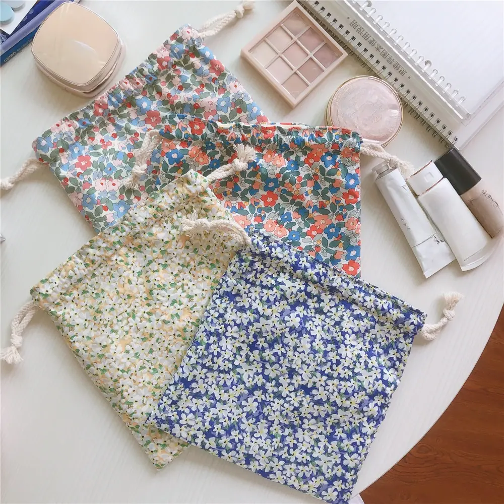 Cotton Women Floral Drawstring Makeup Bag Organizer Storage Pouch Beauty Case for Travel and Toiletry