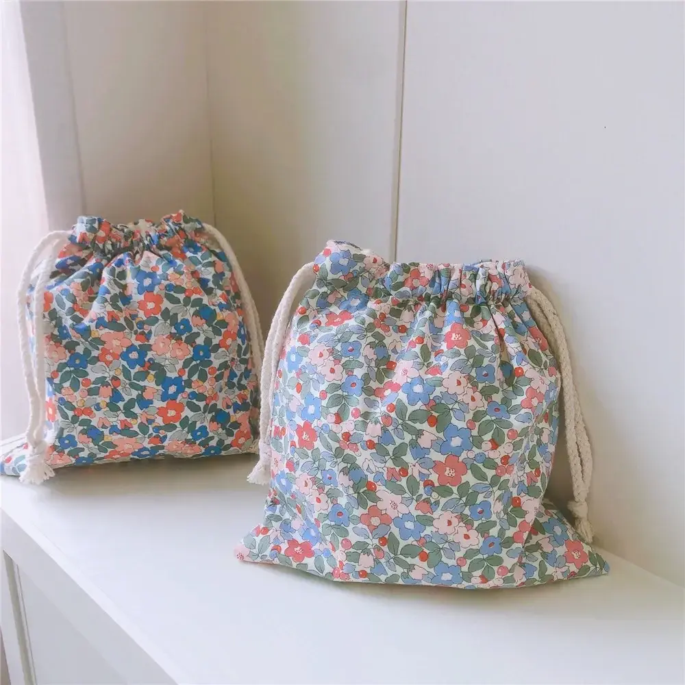 Cotton Women Floral Drawstring Makeup Bag Organizer Storage Pouch Beauty Case for Travel and Toiletry